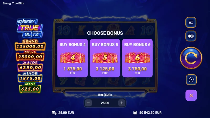 Energy True Blitz - bónus kaupmáta valmynd
